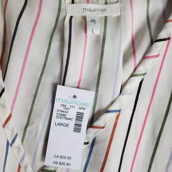 Maurices Women’s Sleeveless Blouse Large White Multicolor Striped Button Front - Picture 6 of 8